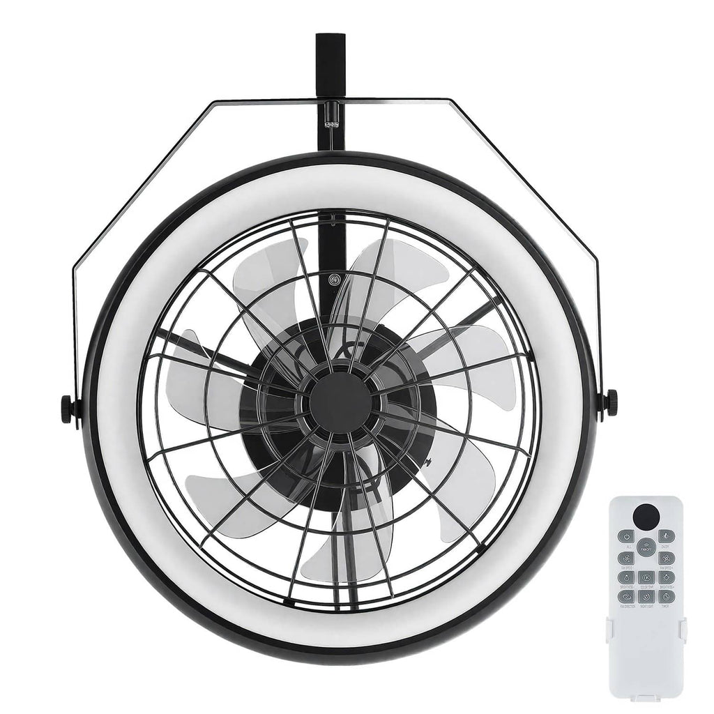 Wall-mount fan with light, round black grille and central motor, remote control included
