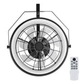 Wall-mount fan with light, round black grille and central motor, remote control included