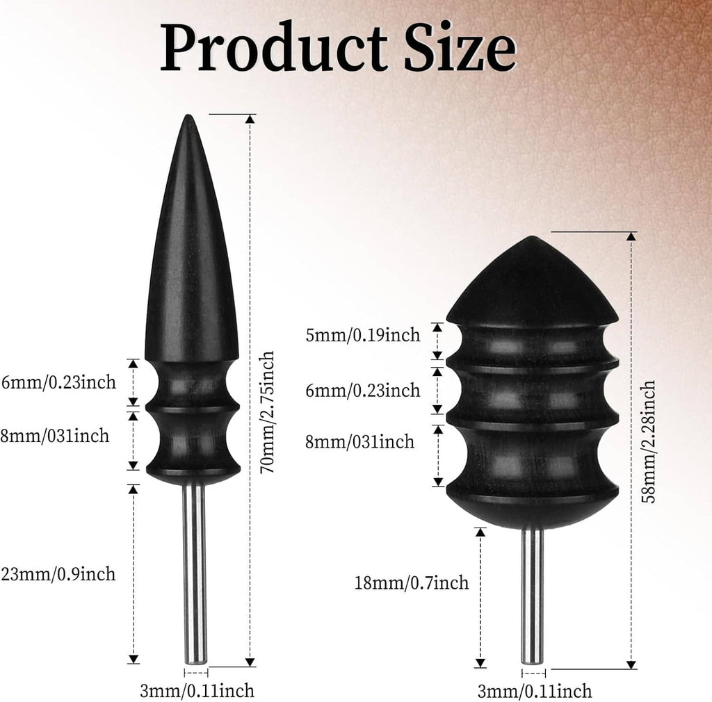Leather burnisher bits size diagram with two black conical heads and measurement markers