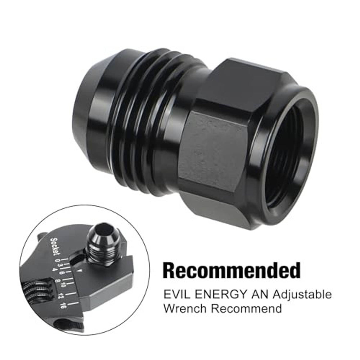 Black AN reducer/expander adapter with hex body and threaded ports, wrench reference inset