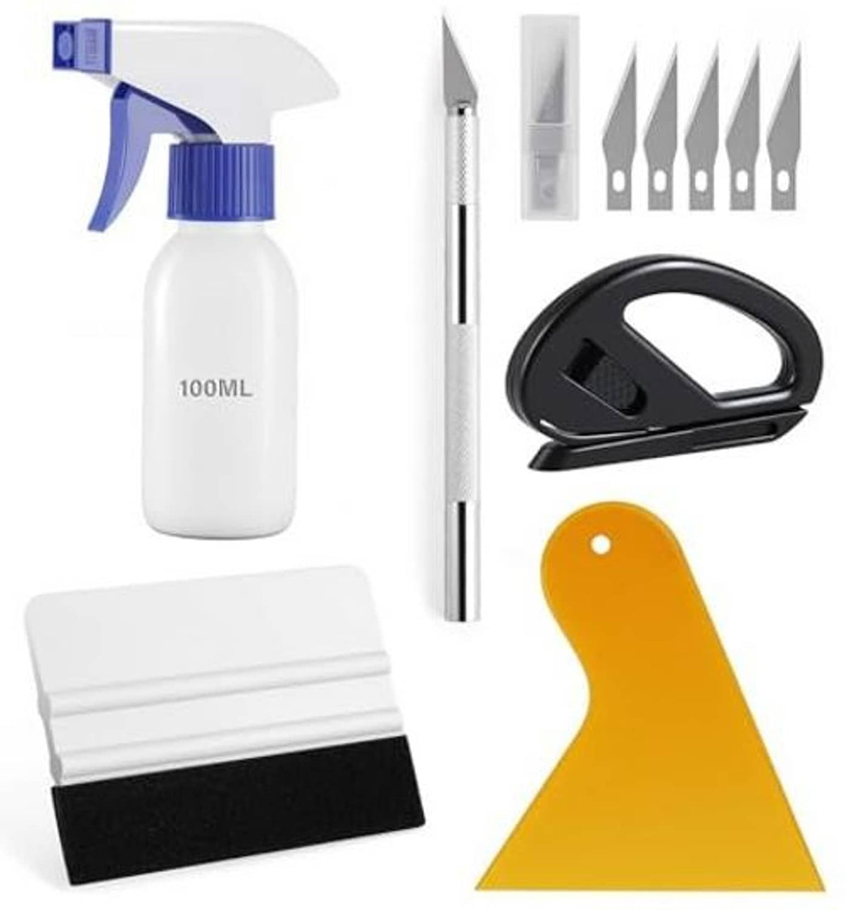 Car window film kit with sprayer, handle tool, squeegee and multi-blade cutting set