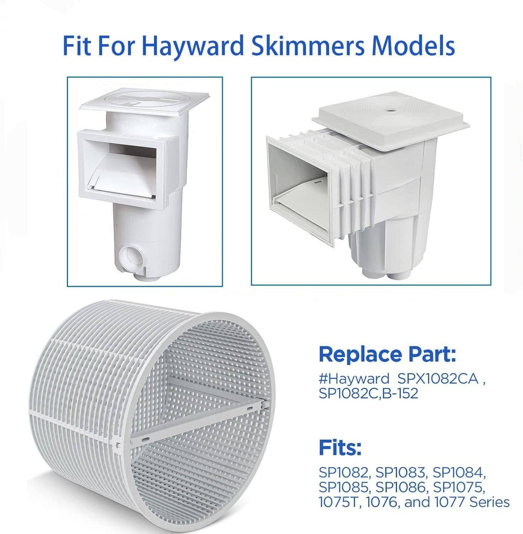 Round white pool skimmer basket replacement shown with compatible skimmer housing parts