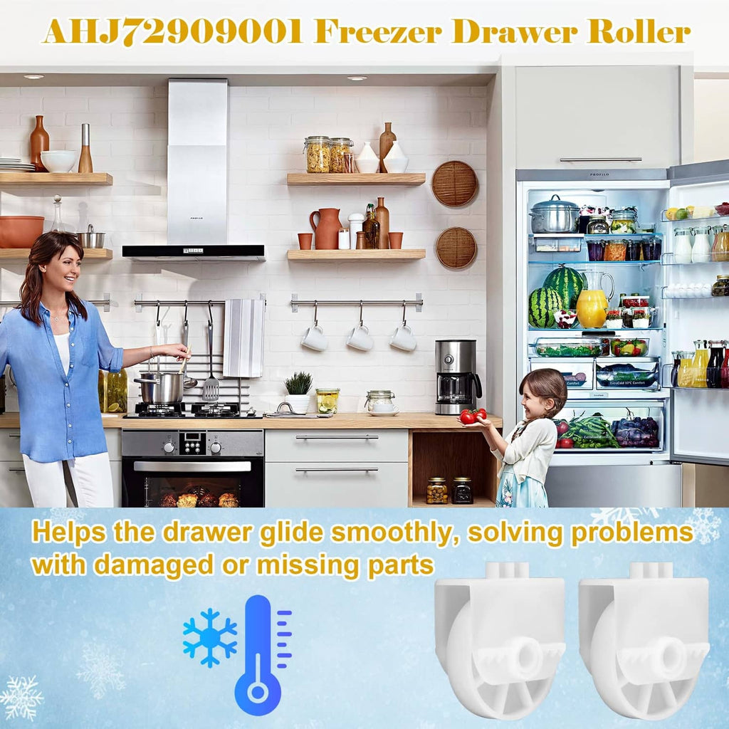 White freezer drawer roller assemblies helping a freezer drawer glide smoothly.