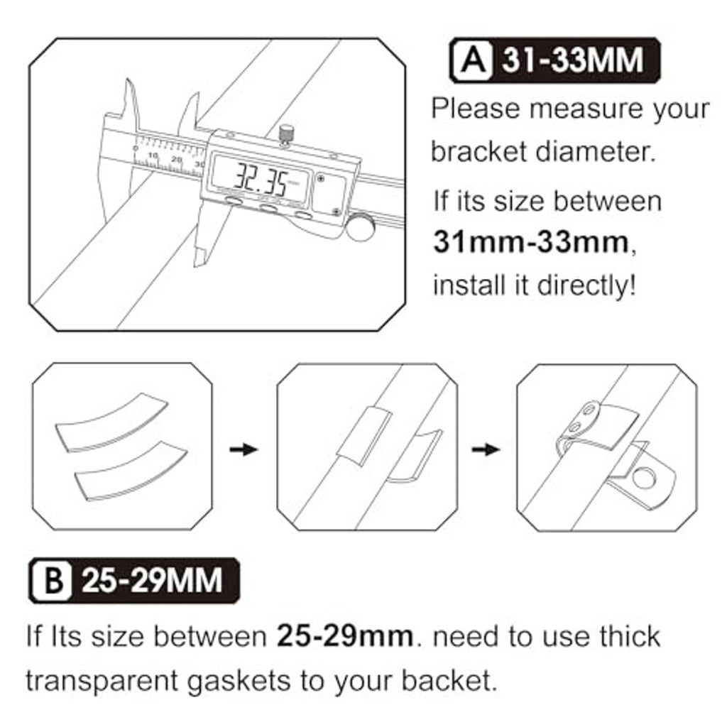 Motorcycle foot rest bracket sizing diagram with measurement guide and mounting positions