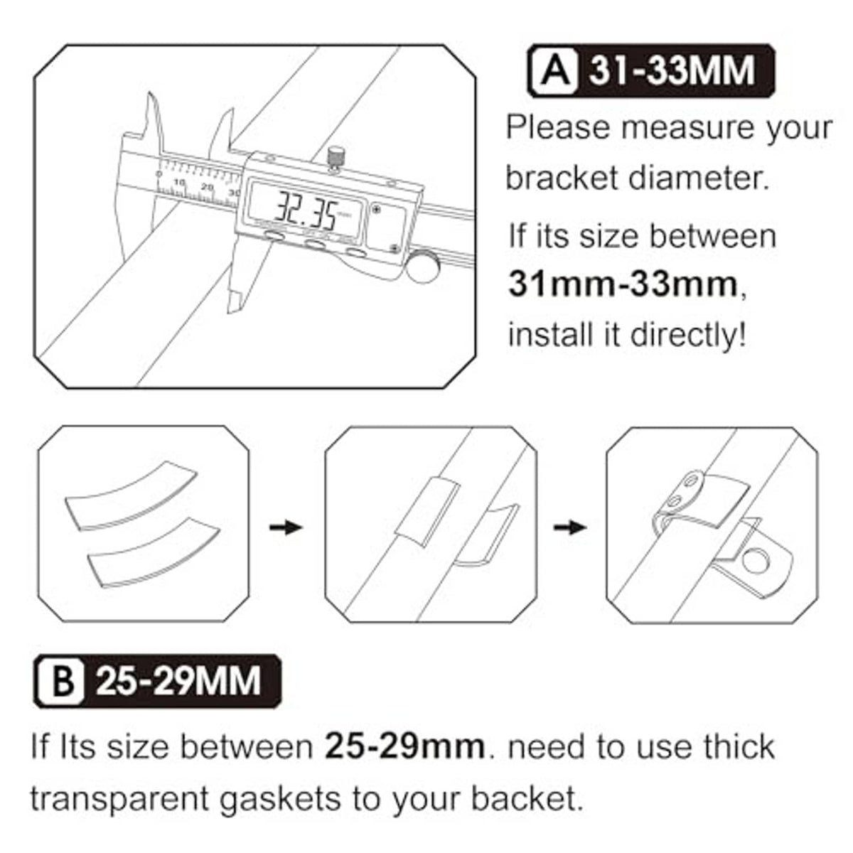 Motorcycle foot rest bracket sizing diagram with measurement guide and mounting positions