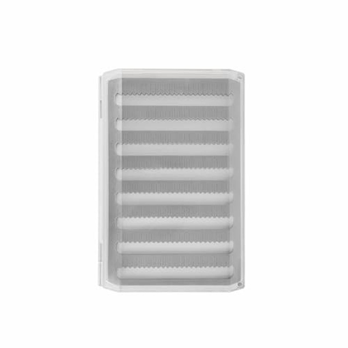 Clear plastic tackle box with hinged lid and multiple ribbed storage rows inside