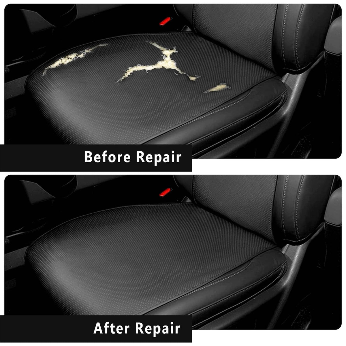 Black leather seat repair patch covering a scratch on the seat cushion