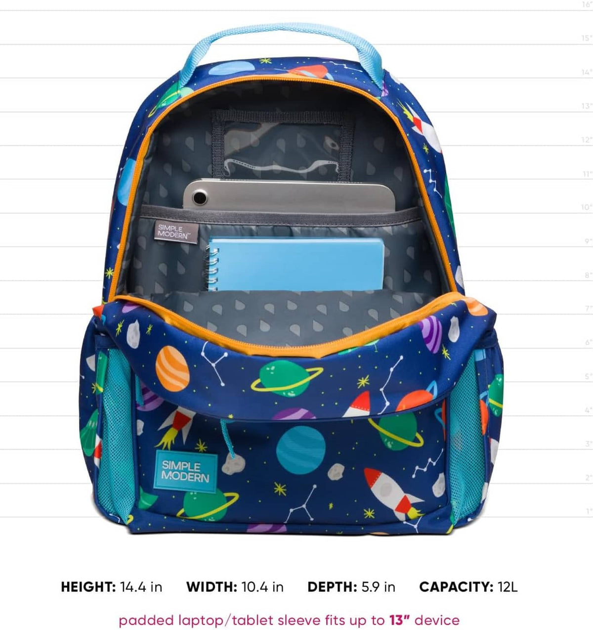 Kids backpack with dark blue space print and orange-trimmed open front pocket
