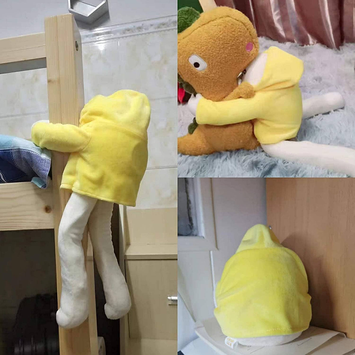 Yellow banana man plush in hooded outfit, standing near room doorway