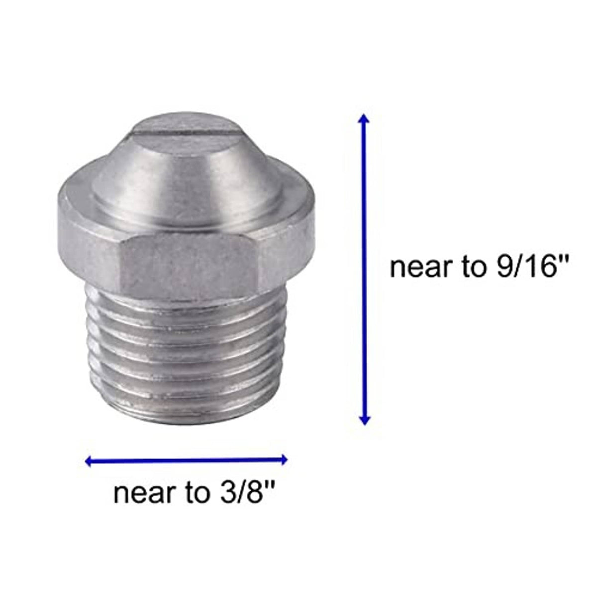 Metal threaded pressure washer nozzle with hex head, near 3/8 in by 9/16 in