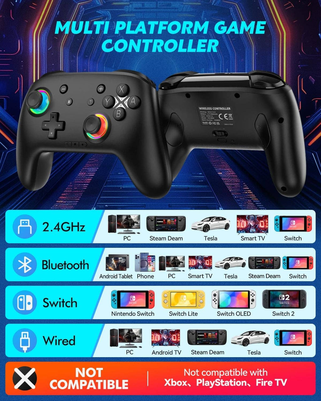 Black game controller with four face buttons, two shoulder triggers, and LED light rings