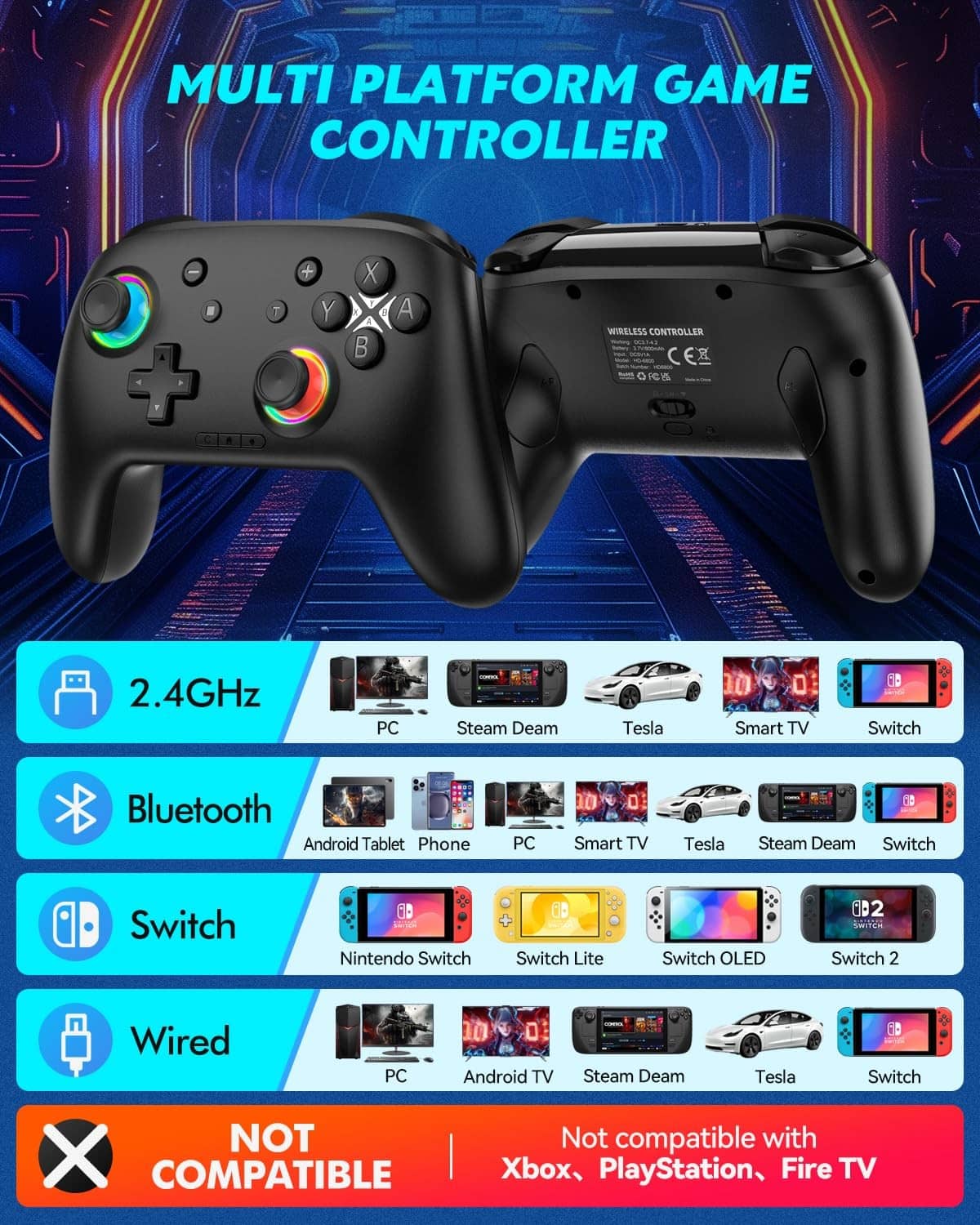 Black game controller with four face buttons, two shoulder triggers, and LED light rings