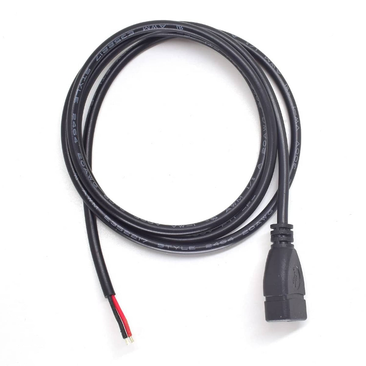 USB pigtail cable loop with black cable, white wire ends, and black USB connector.