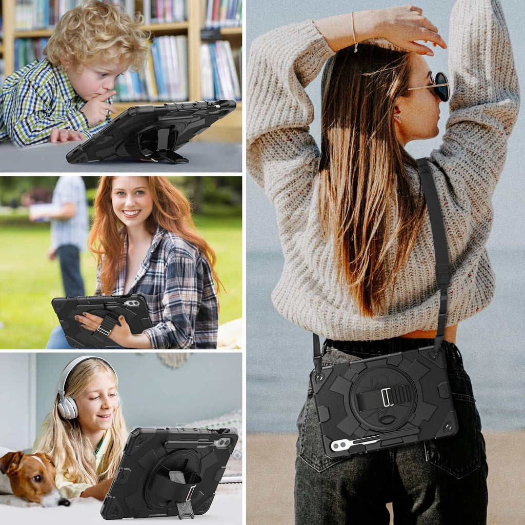 Black rugged tablet case worn with shoulder strap while holding tablet