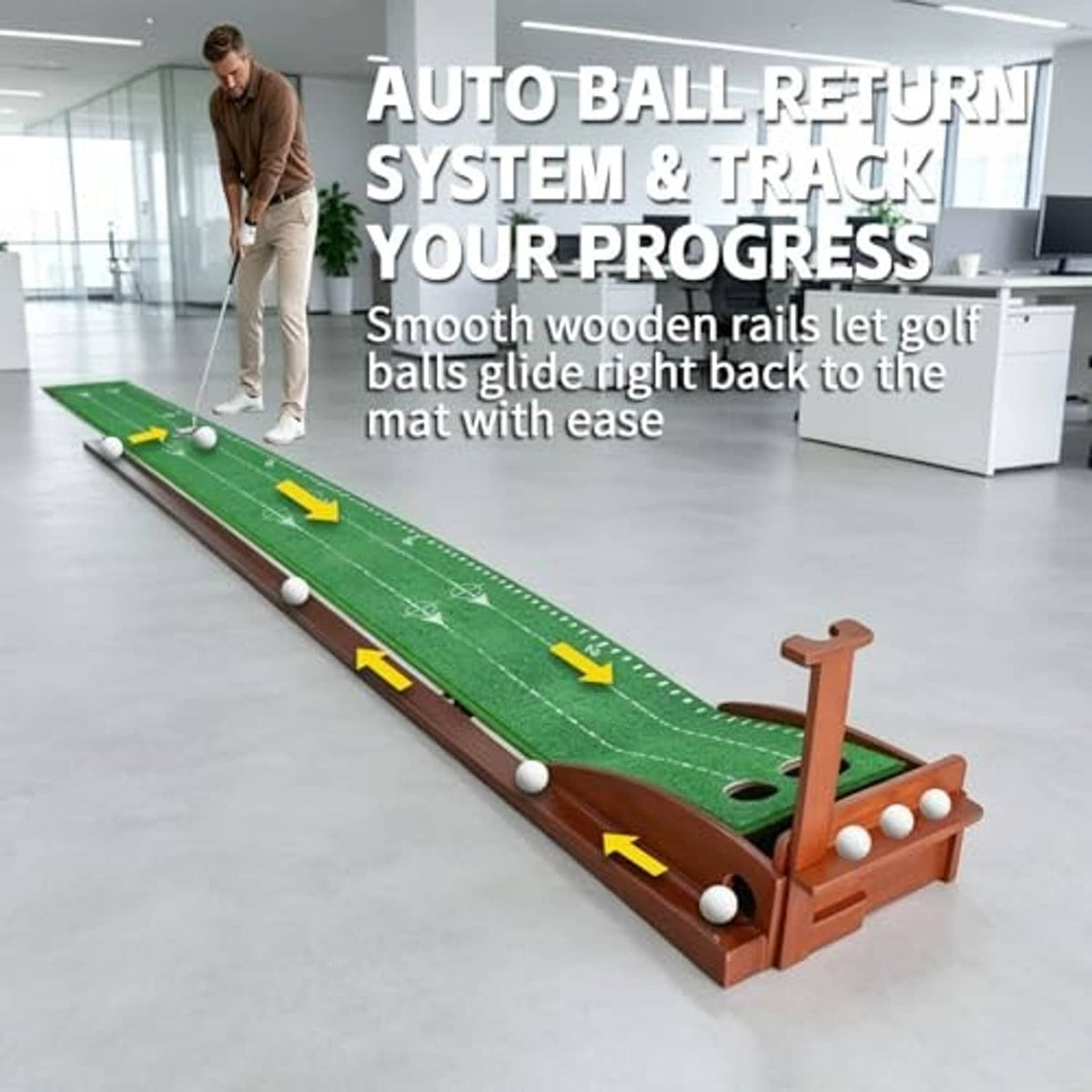 Indoor putting green mat with brown wooden auto ball return track on a floor