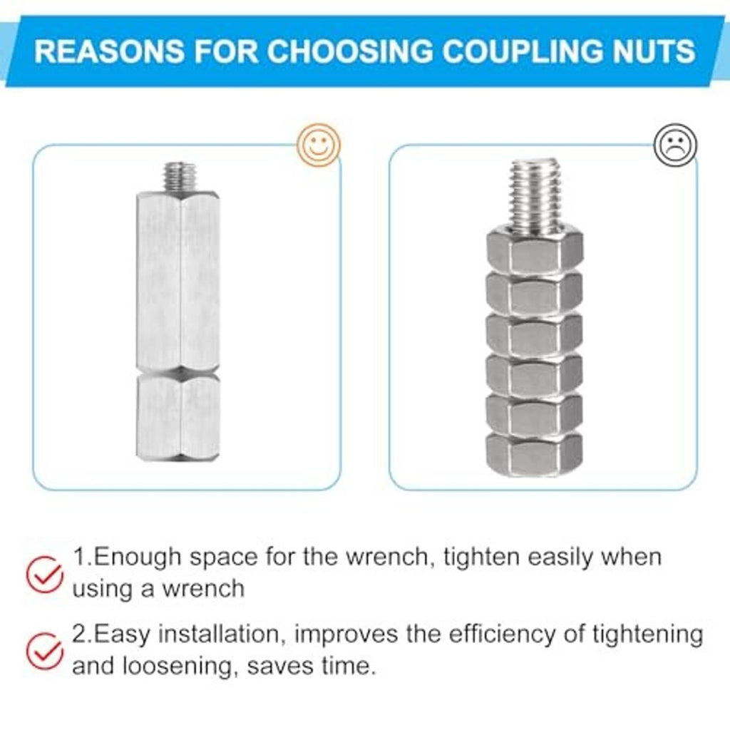 Stainless steel hex coupling nuts with internal threads and hex exterior for fastening