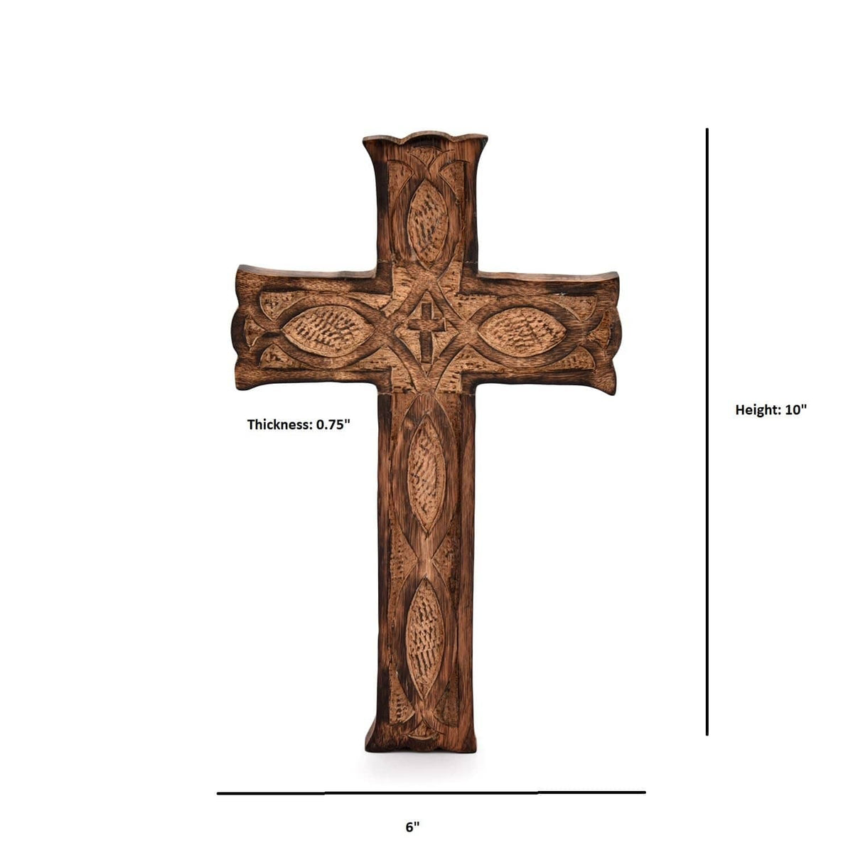 Wooden wall cross, dark brown, 10 in tall; 6 in wide; 0.75 in thick