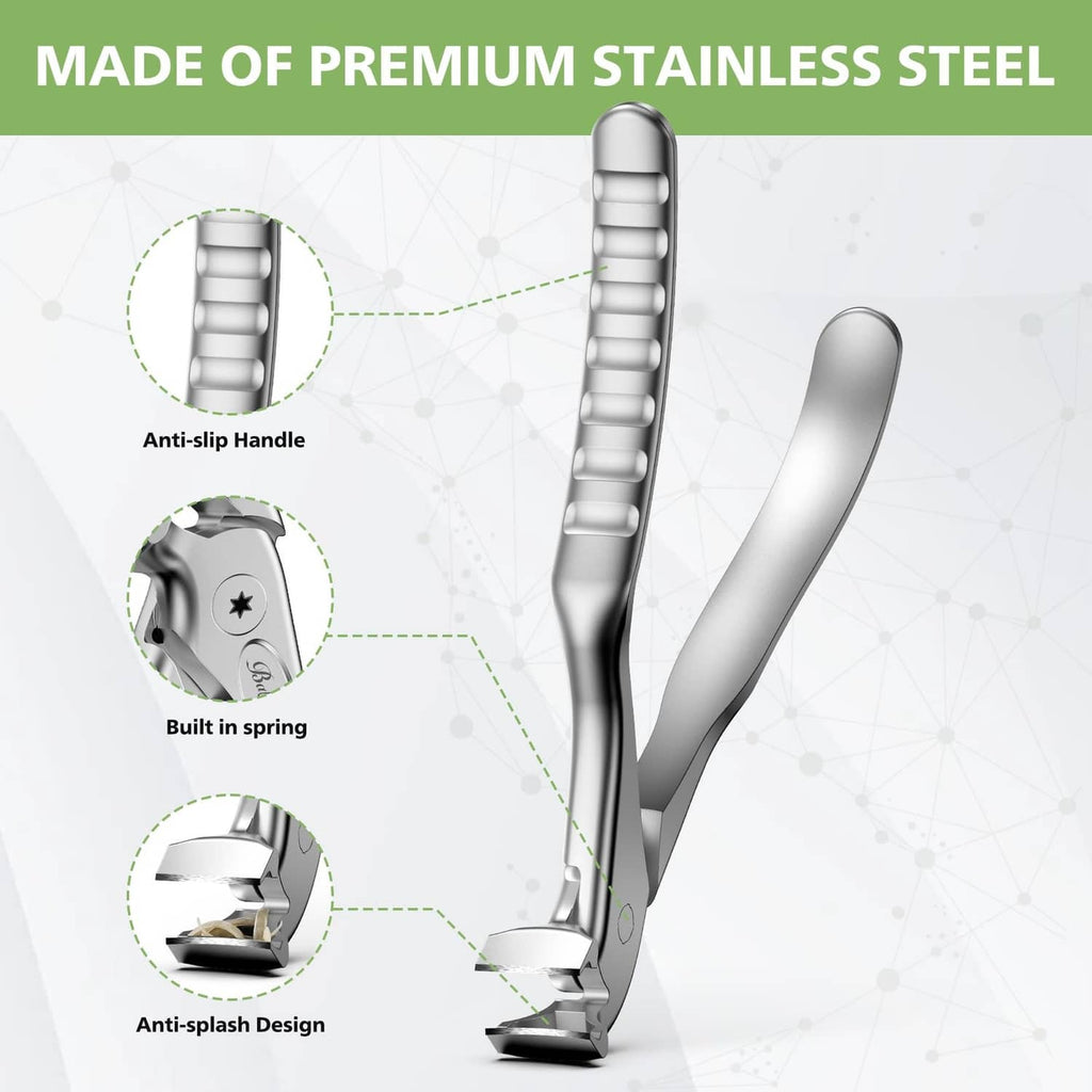 Silver stainless-steel long-handle toenail clipper with textured anti-slip grip