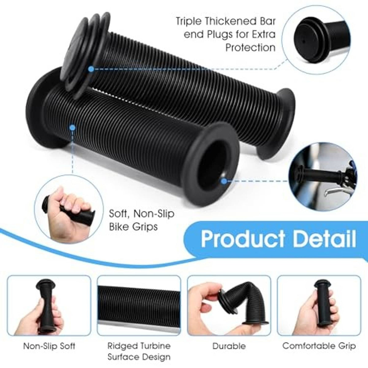 Black ribbed bicycle grips with triple-thick bar end plugs for extra protection