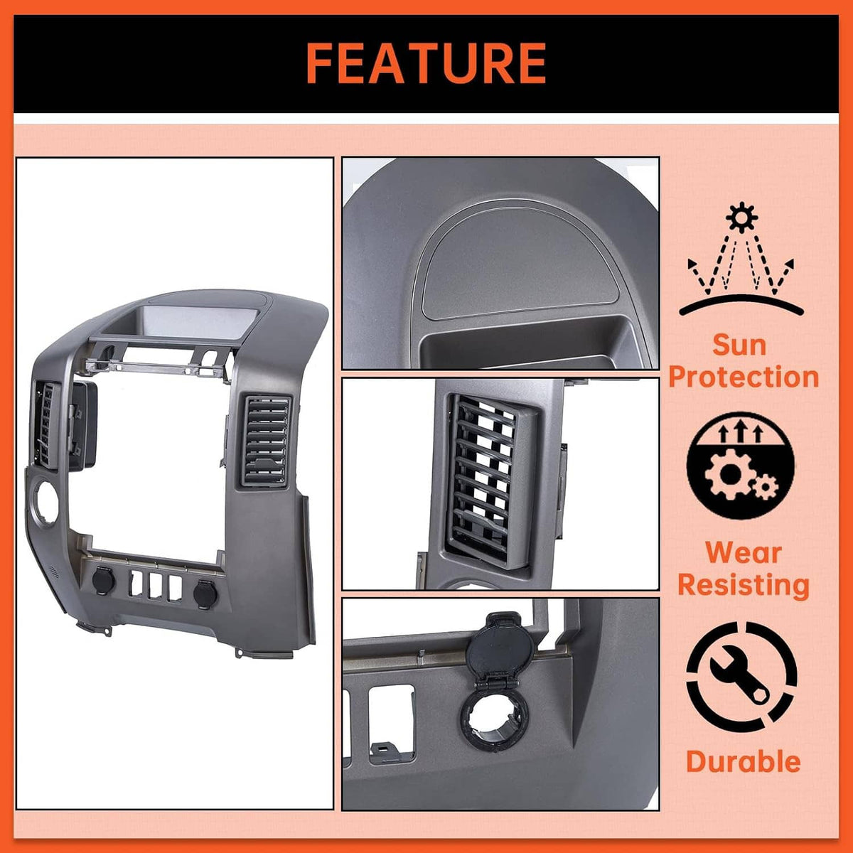 Dark gray center dash instrument panel bezel with textured grille sections and control cutouts