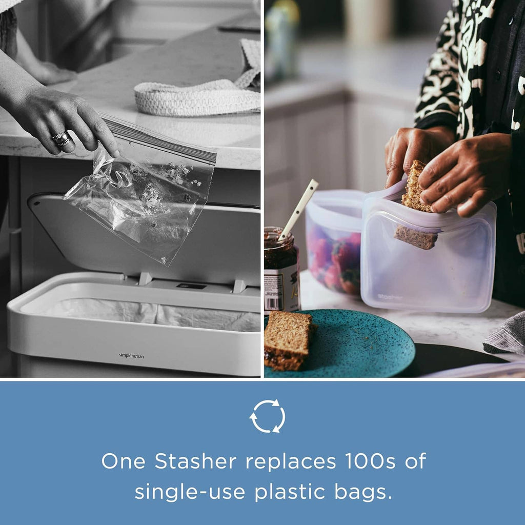 Reusable silicone food storage bag being filled with ingredients on a countertop