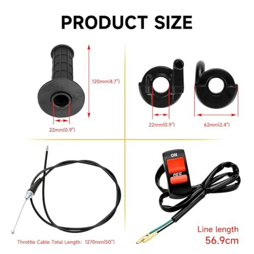 Throttle cable kit product size diagram: black grips, switch, and cable lengths