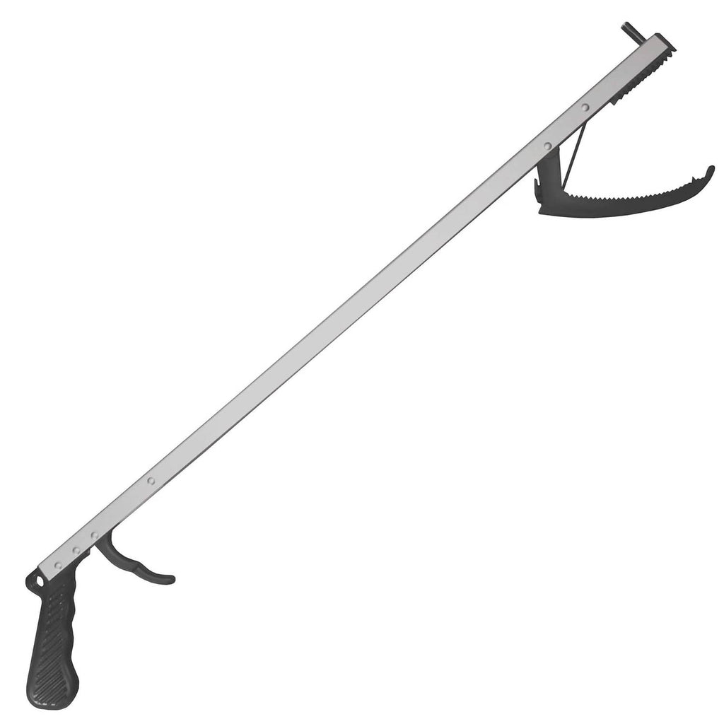 Gray reaching grabber with serrated gripping jaw and hooked end