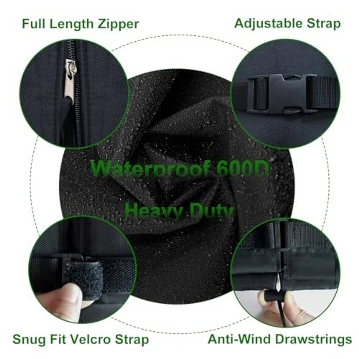 Black umbrella cover with full-length zipper, adjustable strap, and anti-wind drawstrings