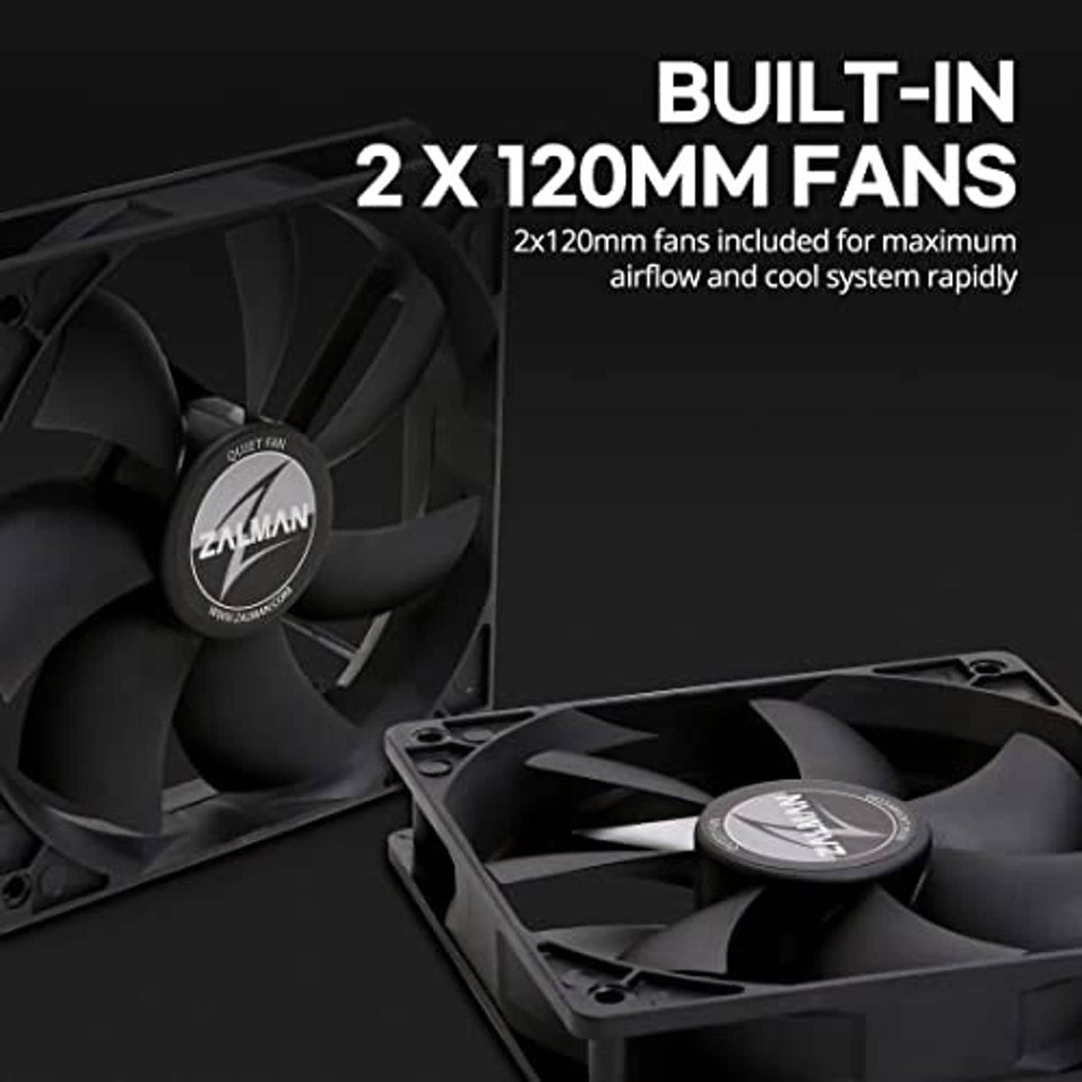 Black ATX mid-tower PC case with two preinstalled 120mm fans