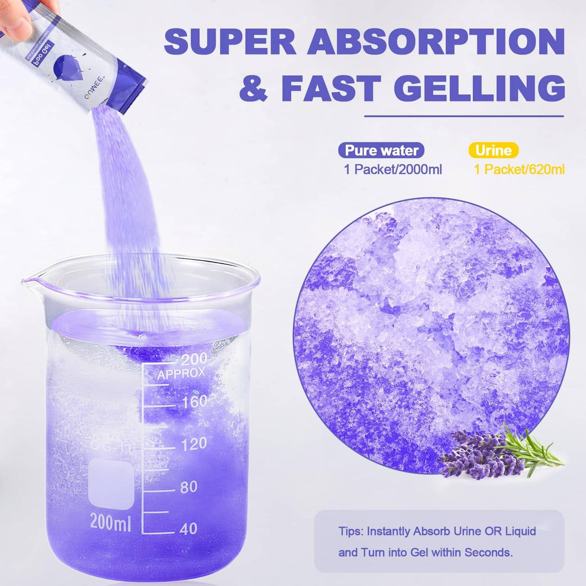 Urine gel dissolving in water with purple granule close-up for fast gelling