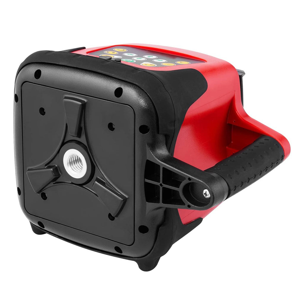 Red and black laser level with threaded mount port and side handle view
