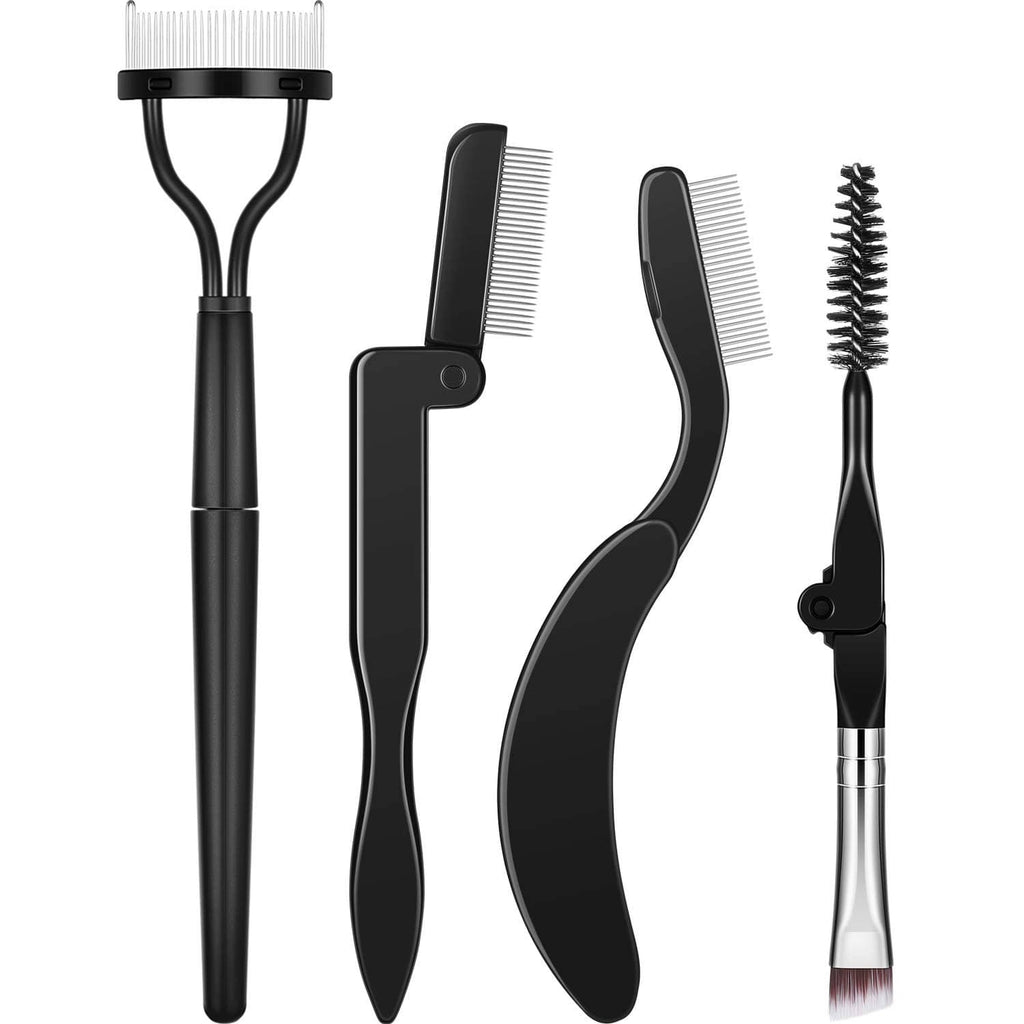 Four-piece brow comb and lash comb tools with folding heads and brush