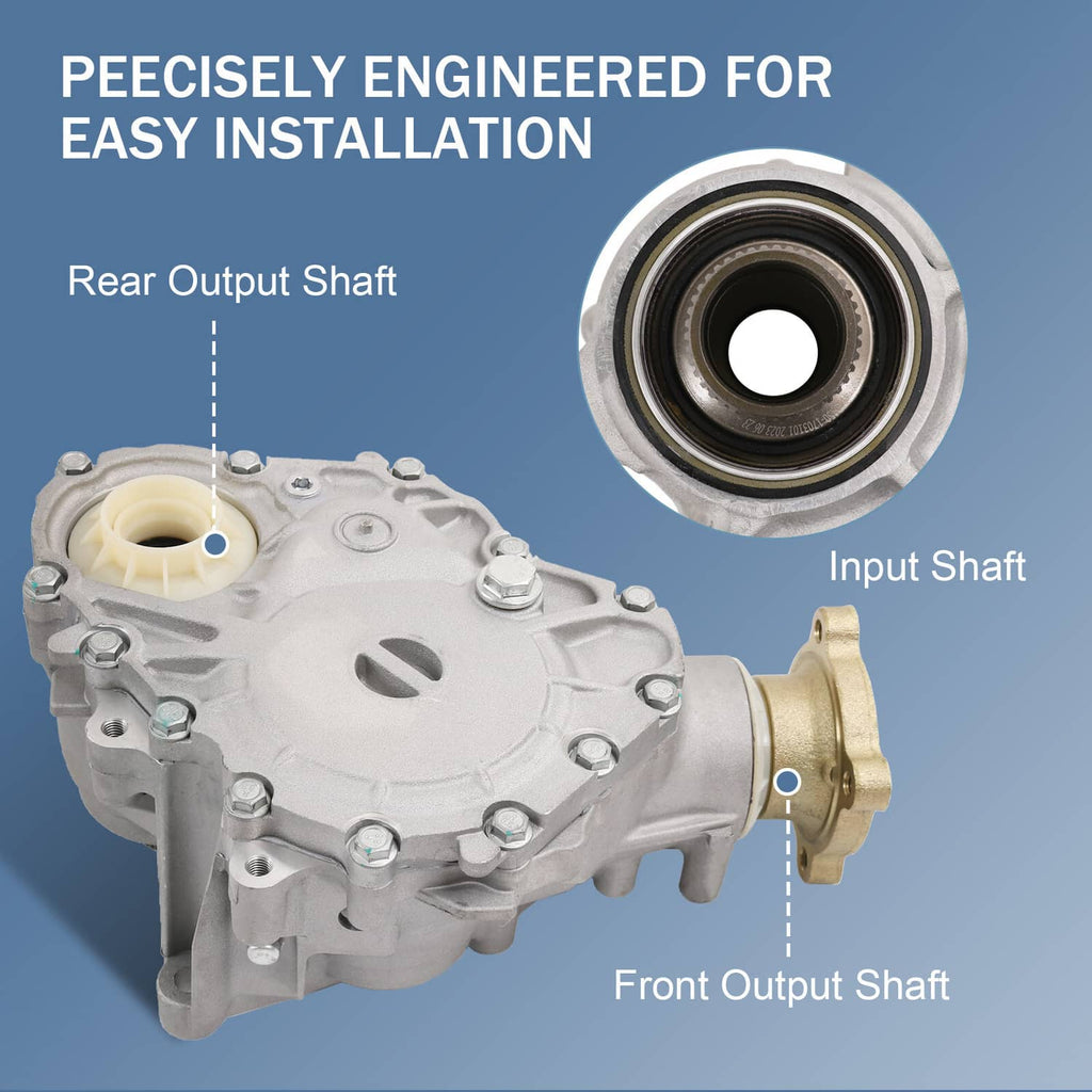 Transfer case assembly with input and output shafts, gold flange, and beige seal.