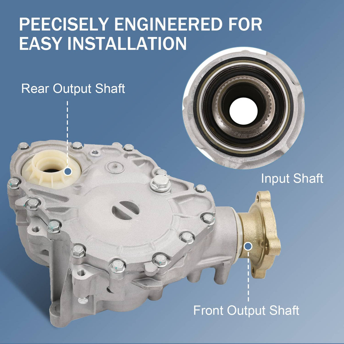 Transfer case assembly with input and output shafts, gold flange, and beige seal.