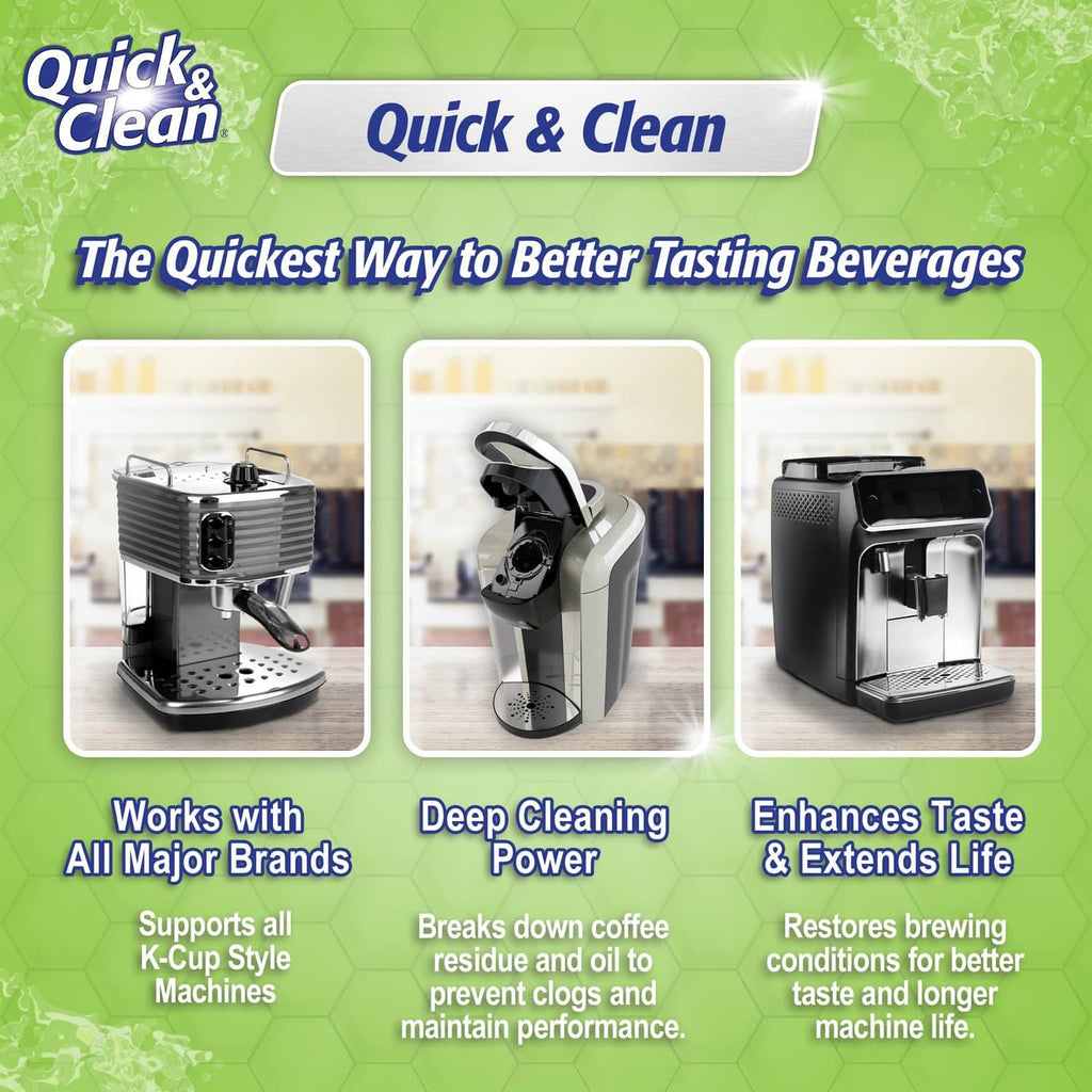 Quick & Clean cleaning pods benefits panel with coffee machine icons