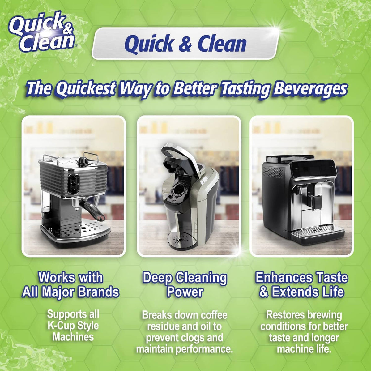 Quick & Clean cleaning pods benefits panel with coffee machine icons
