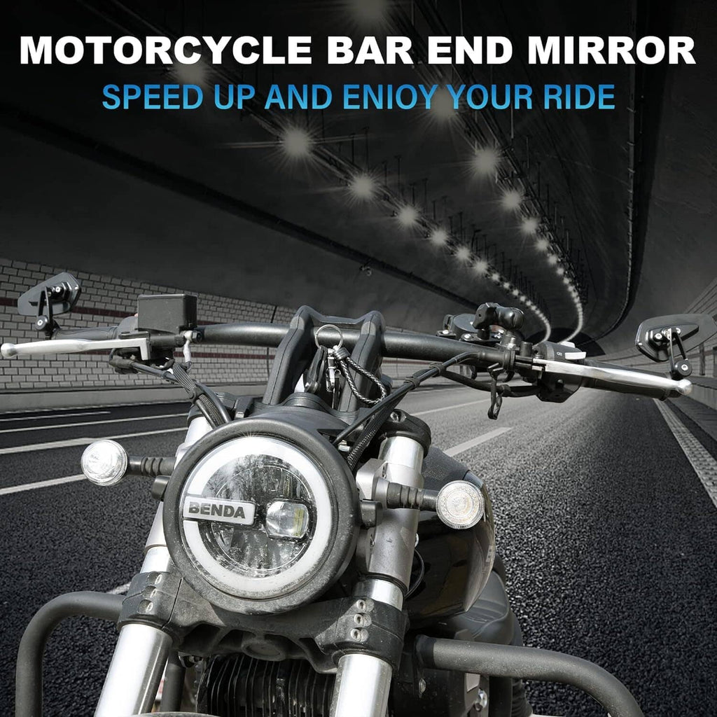 Motorcycle bar-end mirrors mounted on handlebars, black frames and clear lenses
