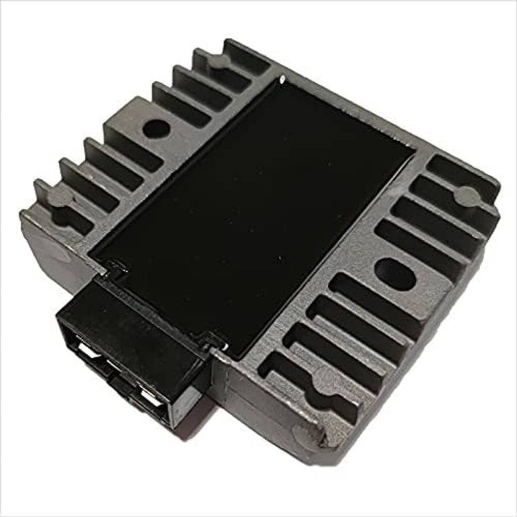 Voltage regulator rectifier with black circuit plate and gray aluminum cooling fins