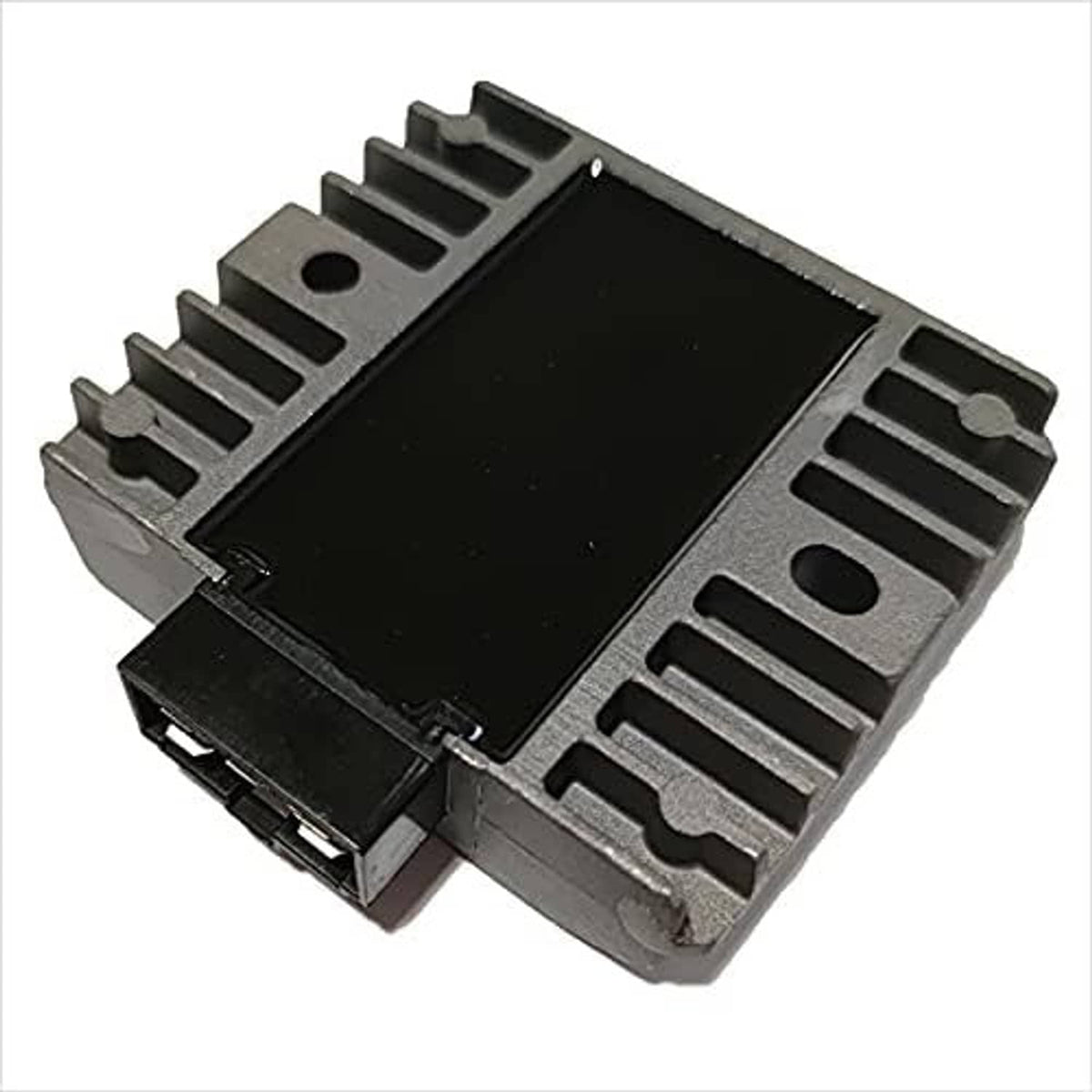 Voltage regulator rectifier with black circuit plate and gray aluminum cooling fins