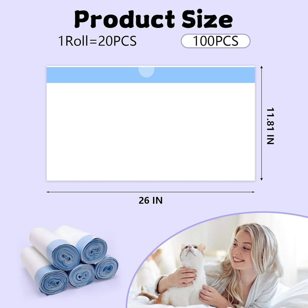 Blue cat litter box liner rolls shown with size markings, 26 in x 11.8 in