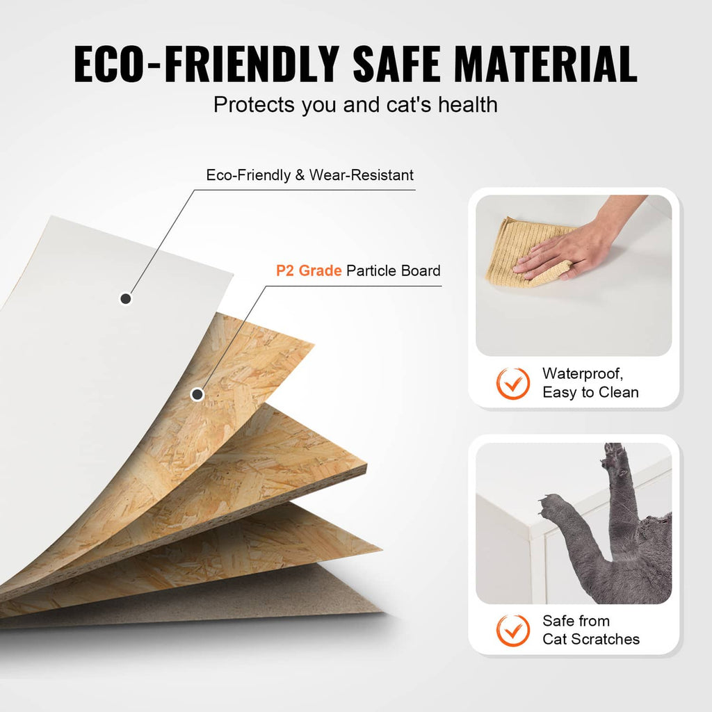 Eco-friendly material graphic for white litter box enclosure, with waterproof and scratch-resistant icons