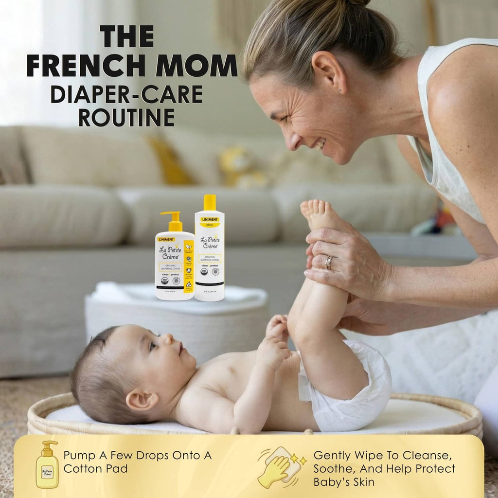 La Petite Creme French diapering lotion bottle with yellow pump, white bottle