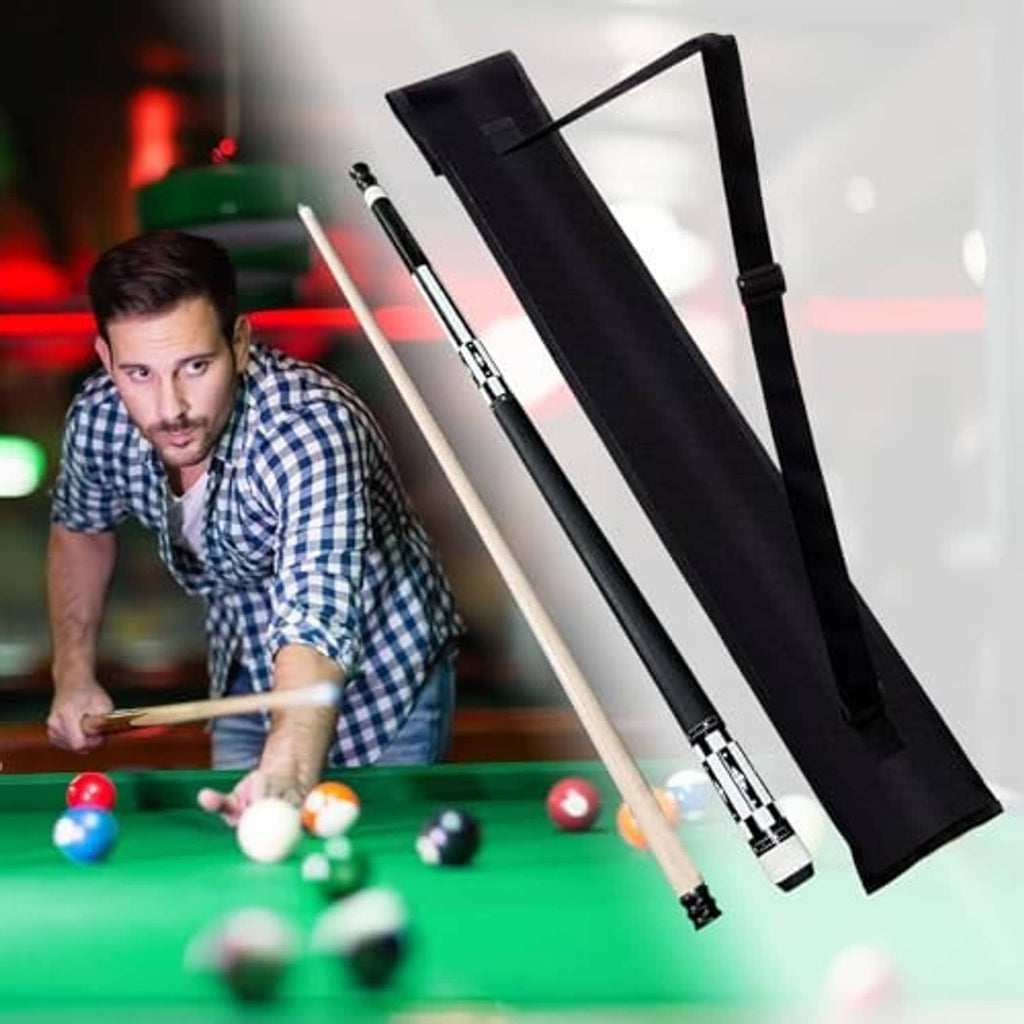 Black pool cue case holding two cues, with adjustable shoulder strap.