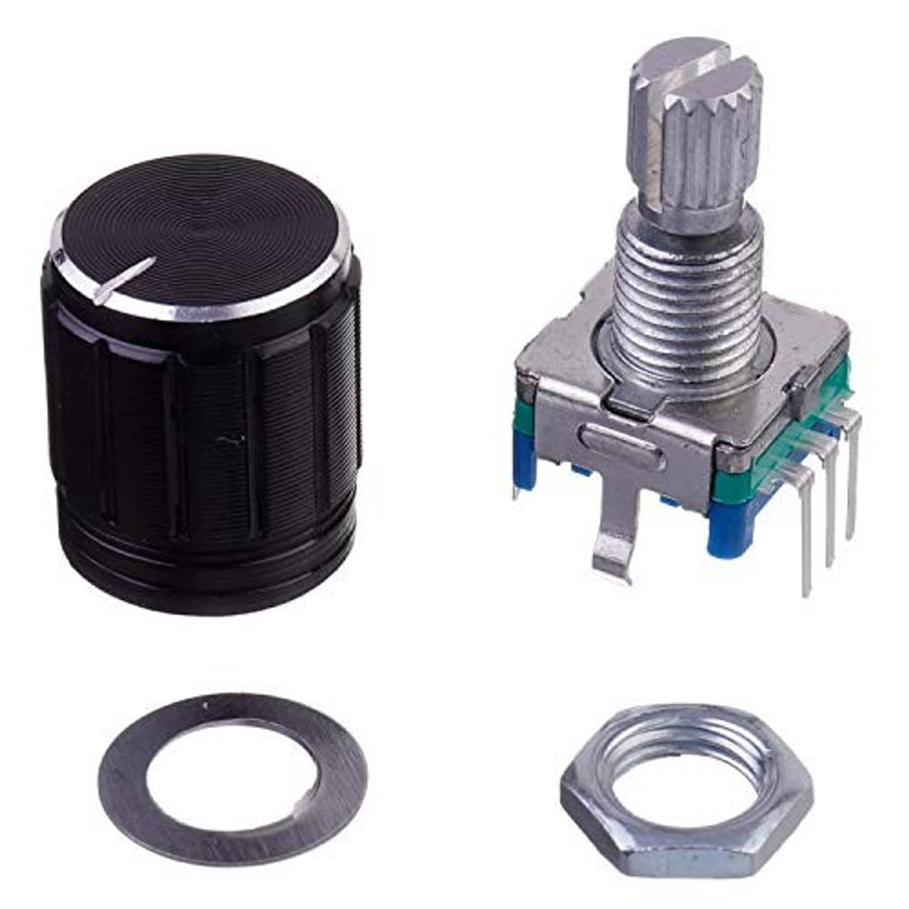 Rotary digital potentiometer encoder with black body, metal shaft, and mounting nut plus washer.