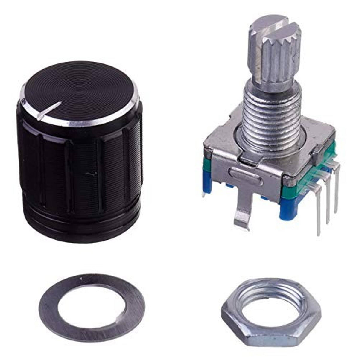Rotary digital potentiometer encoder with black body, metal shaft, and mounting nut plus washer.