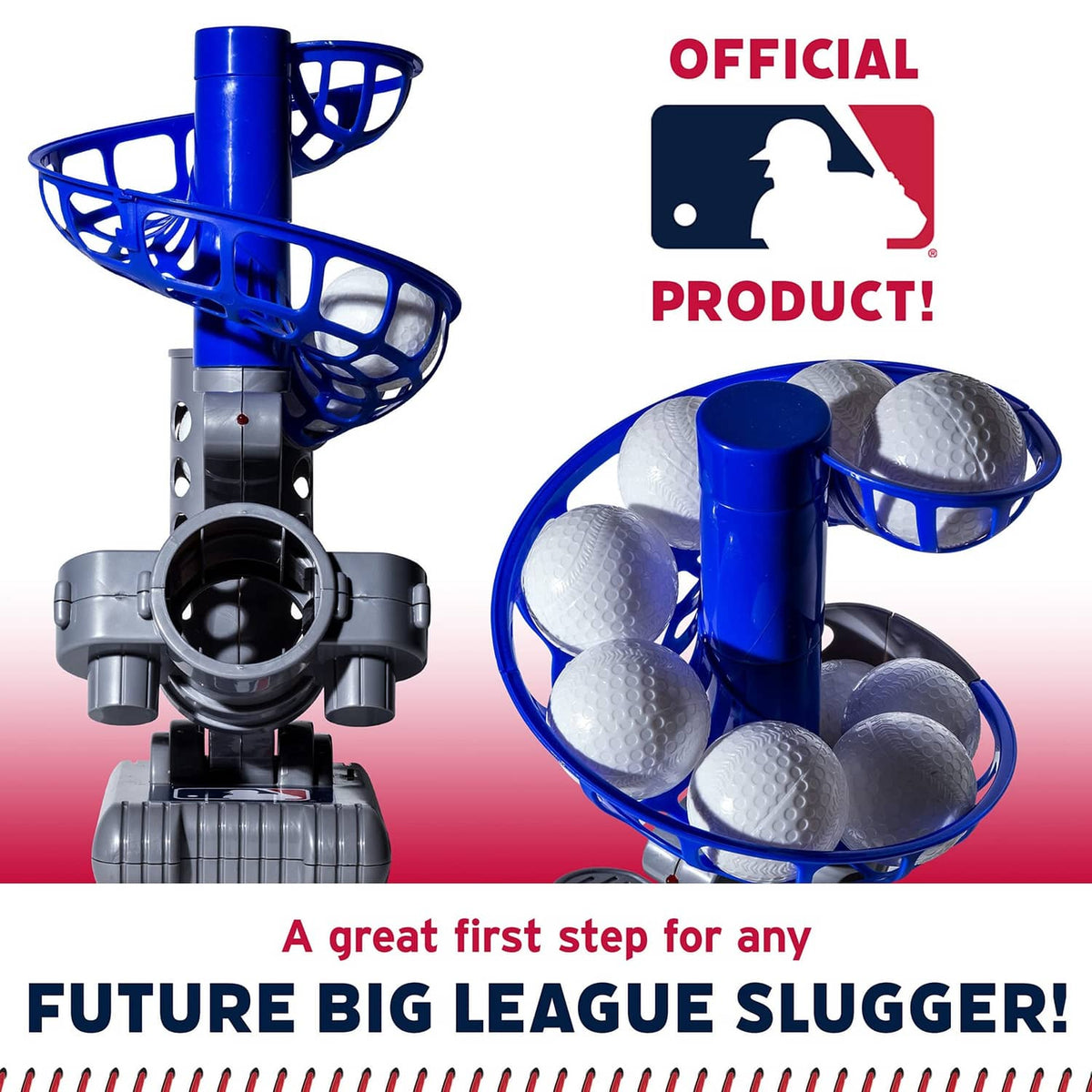 Blue ball cage pitching machine with multiple balls in front, official product badge graphic