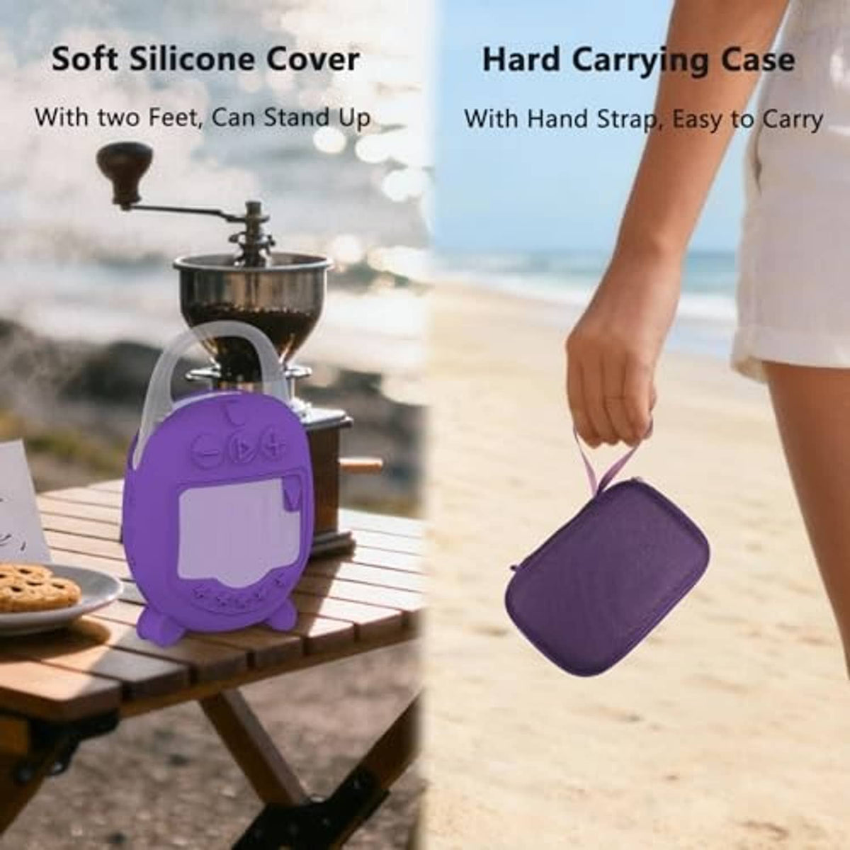 Purple hard carrying case with hand strap and compact zippered design