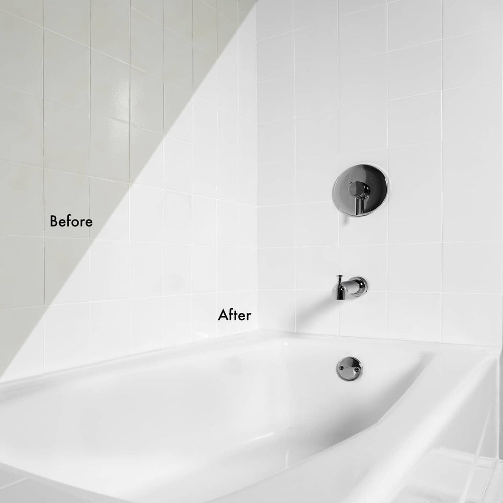 Gloss white tub and tile finish on white bathtub interior and wall controls