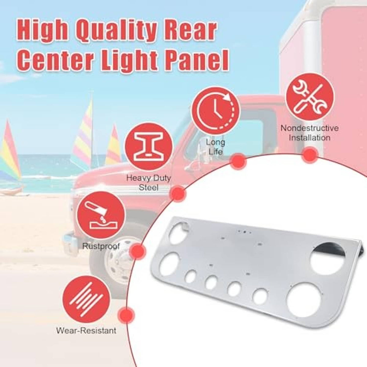 Stainless steel rear center light panel with circular cutouts and edge mounting tabs