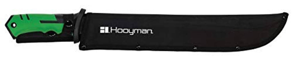 Hooyman bush machete with green handle and black sheath covering the blade